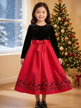 Rare Editions Black Velvet Bodice Red Satin Holiday Dress with Bow